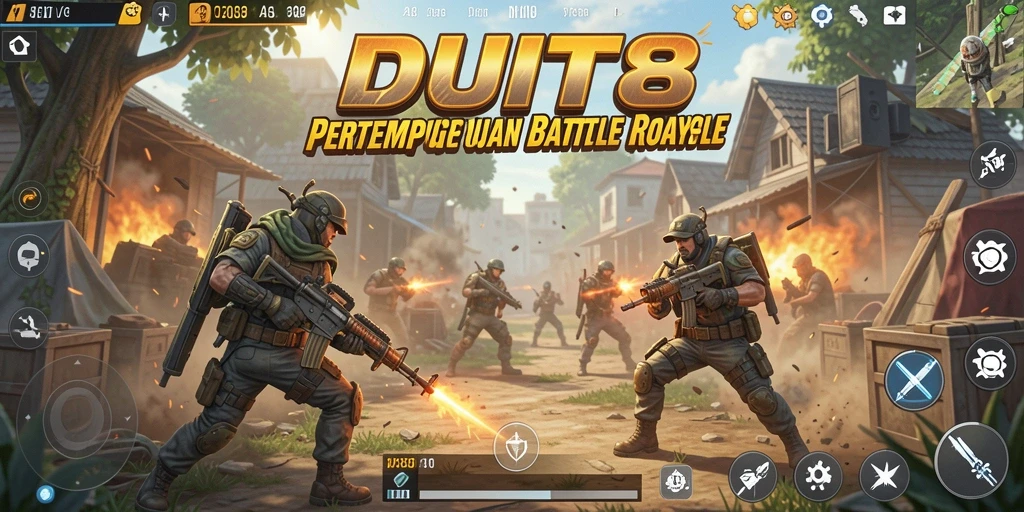 Tampilan gameplay DUIT8 menampilkan aksi seru dalam pertempuran Battle Royale.