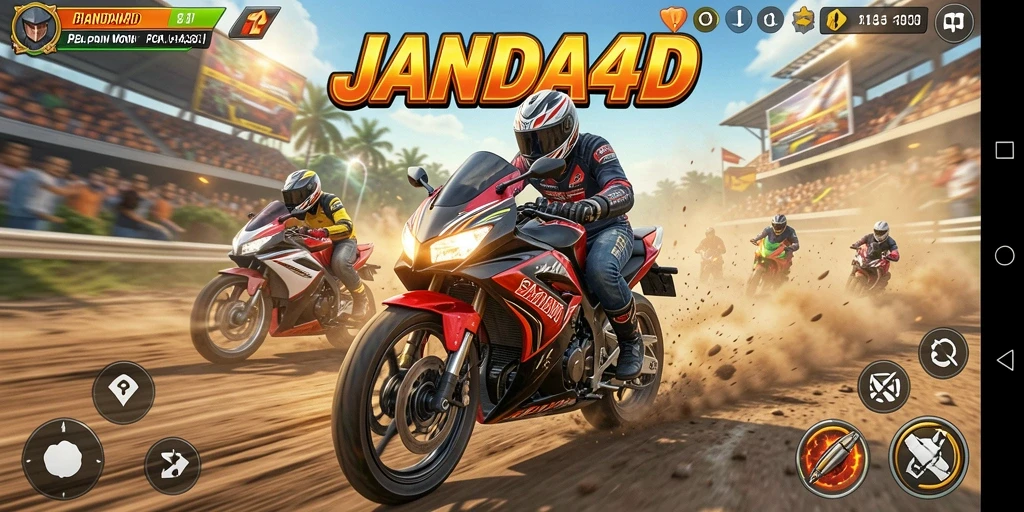 Gameplay JANDA4D menampilkan balapan motor yang mendebarkan dan penuh aksi.